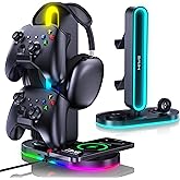 HiWe Universal RGB Gaming Headphone Stand with 2 Controller Holder, Wireless Charger for iPhone/iWatch, Solid ABS, Non-Slip Base, with USB-A & USB-C Outputs, Adatper Included, Black