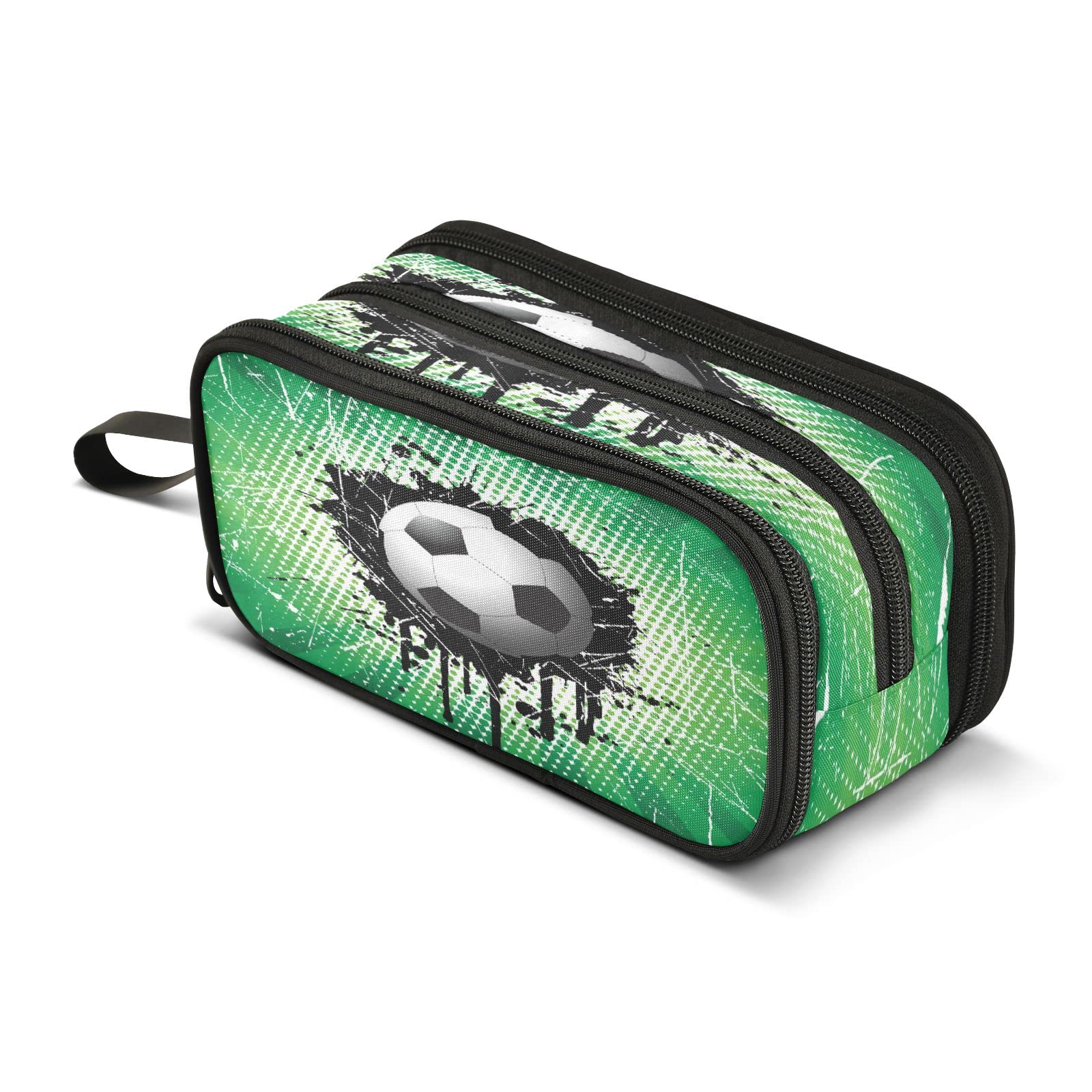 Football on Green Pencil Case 3 Compartment Pen Bag Pouch Holder Box School Portable Stationery Storage Bag for Girls Boys