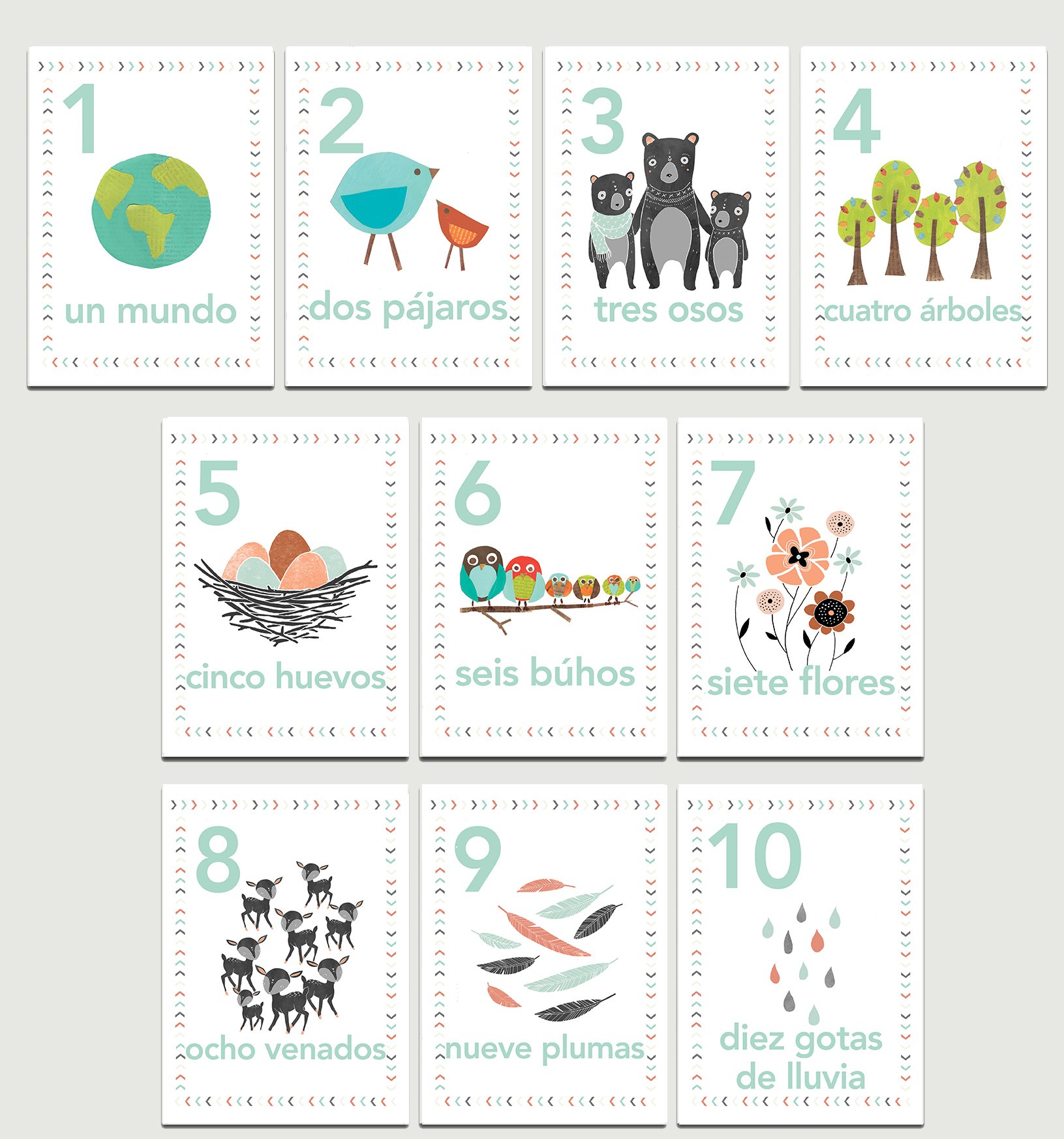 Our Earth Counting Wall Cards in Spanish, Number Flash Cards, Set of Ten 5x7 Wall Art Prints, Nursery Wall Art Decor, Kid's Art Decor, Gender Neutral Nursery, Nature Themed, Woodland Nursery, Playroom by Children Inspire Design