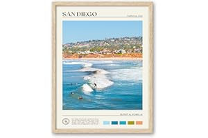 HesenDot Natural OAK Wood San Diego Surfing Framed Wall Art,12x16in Natural Seascape Canvas Wall Print,Classic Urban Landmark Wall Decor for Living Room,Bedroom,Office Gallery Gifts Set of 1