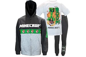 Minecraft Creeper Boys 3-Piece Bundle Set, Zip up Fashion Hoodie, Short Sleeve T-Shirt, and Jogger Sweatpants