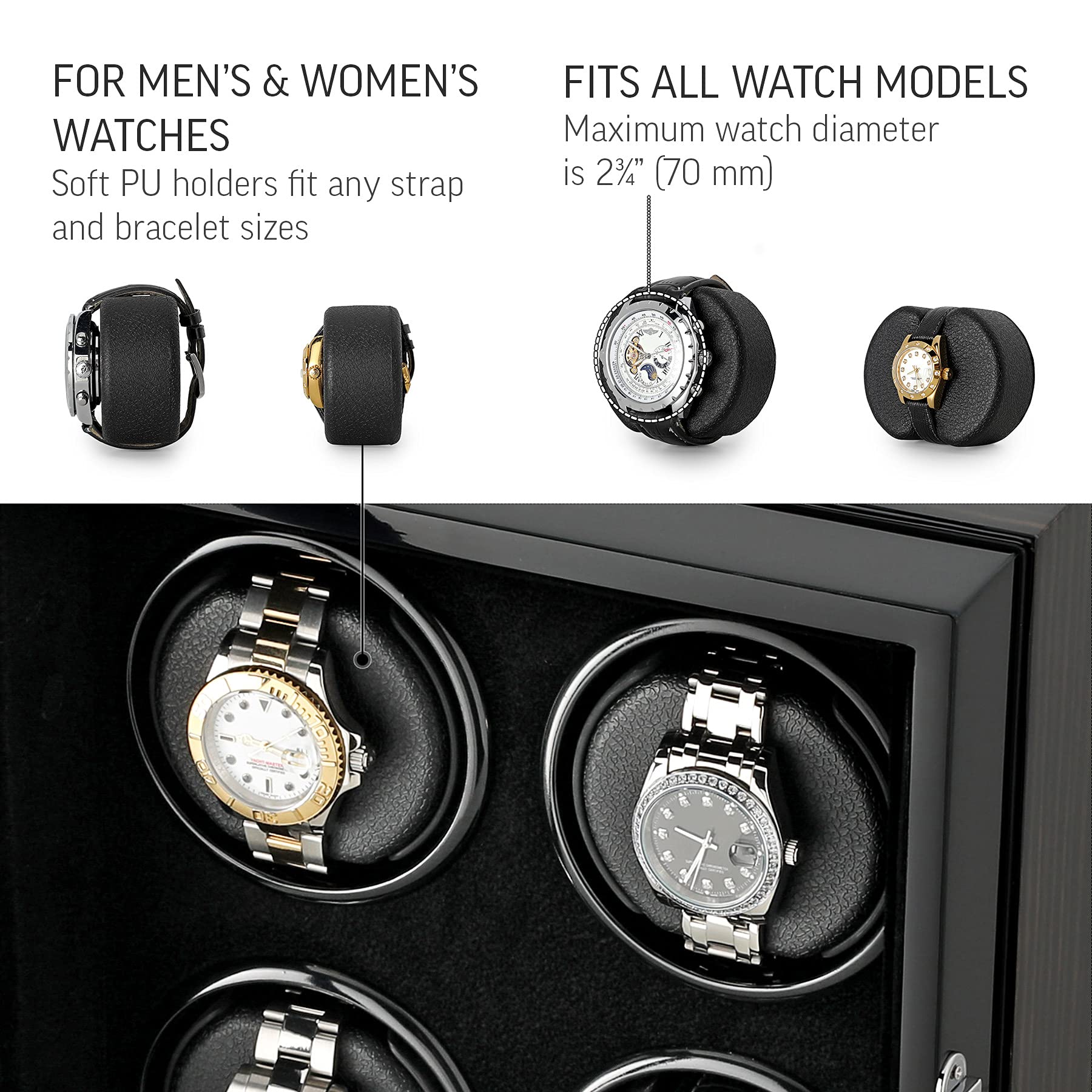 Watch Winder for 4 Watches with Customisable Winding Mode and LED Backlight