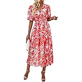 UEAL Womens Floral Flowy Wrap V Neck Midi Dress Short Sleeve Elastic Waist Casual Spring Summer Dresses for Women 2025