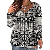 VISLILY Women's Plus Size Henley Shirts Long Sleeve Tops Buttons Up Blouses Pleated Tunics