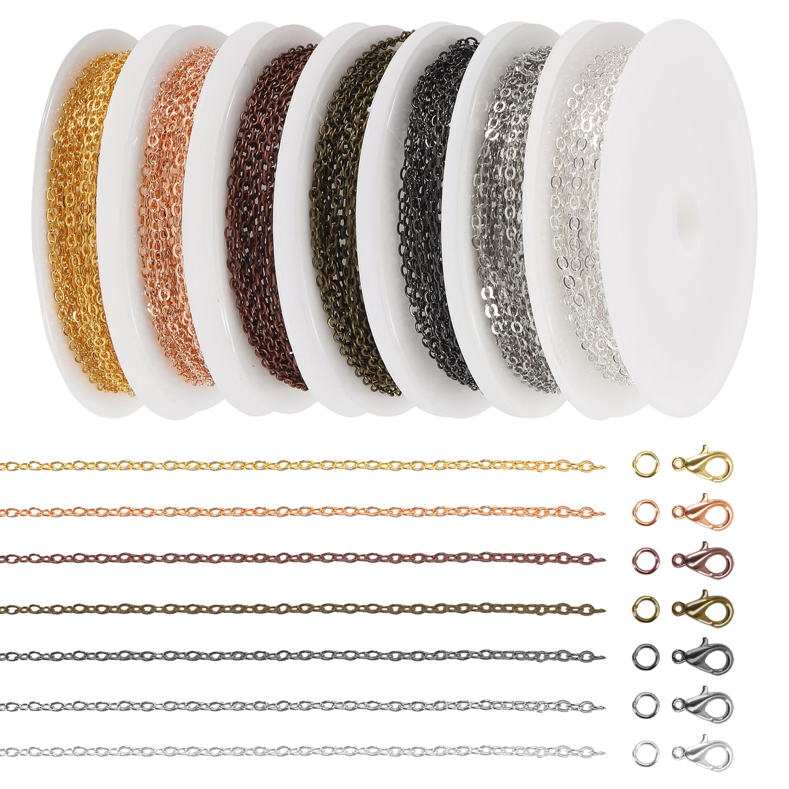 MELIFE 68 FT Jewelry Chain, 7 Rolls 2mm Jewelry Making Chains with Jump Rings and Lobster Clasps, Chains for Jewelry Making DIY Craft Bracelet Necklace Anklet Making