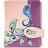 Shag Wear Women's PU Vegan Leather Colorful Slim Trendy Small Bifold Wallet with 4 Credit Card Slots, 1 Zippered Coin Pocket, and Clear ID Window (Peacock, Burgundy)