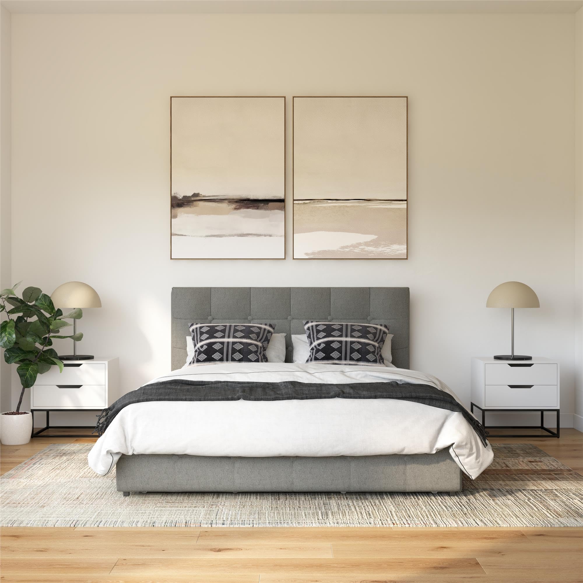 Photo 1 of *** MISSING HARWARE **** DHP Rose Upholstered Platform Bed with Underbed Storage Drawers and Button Tufted Headboard and Footboard, No Box Spring Needed, Full, Gray Linen