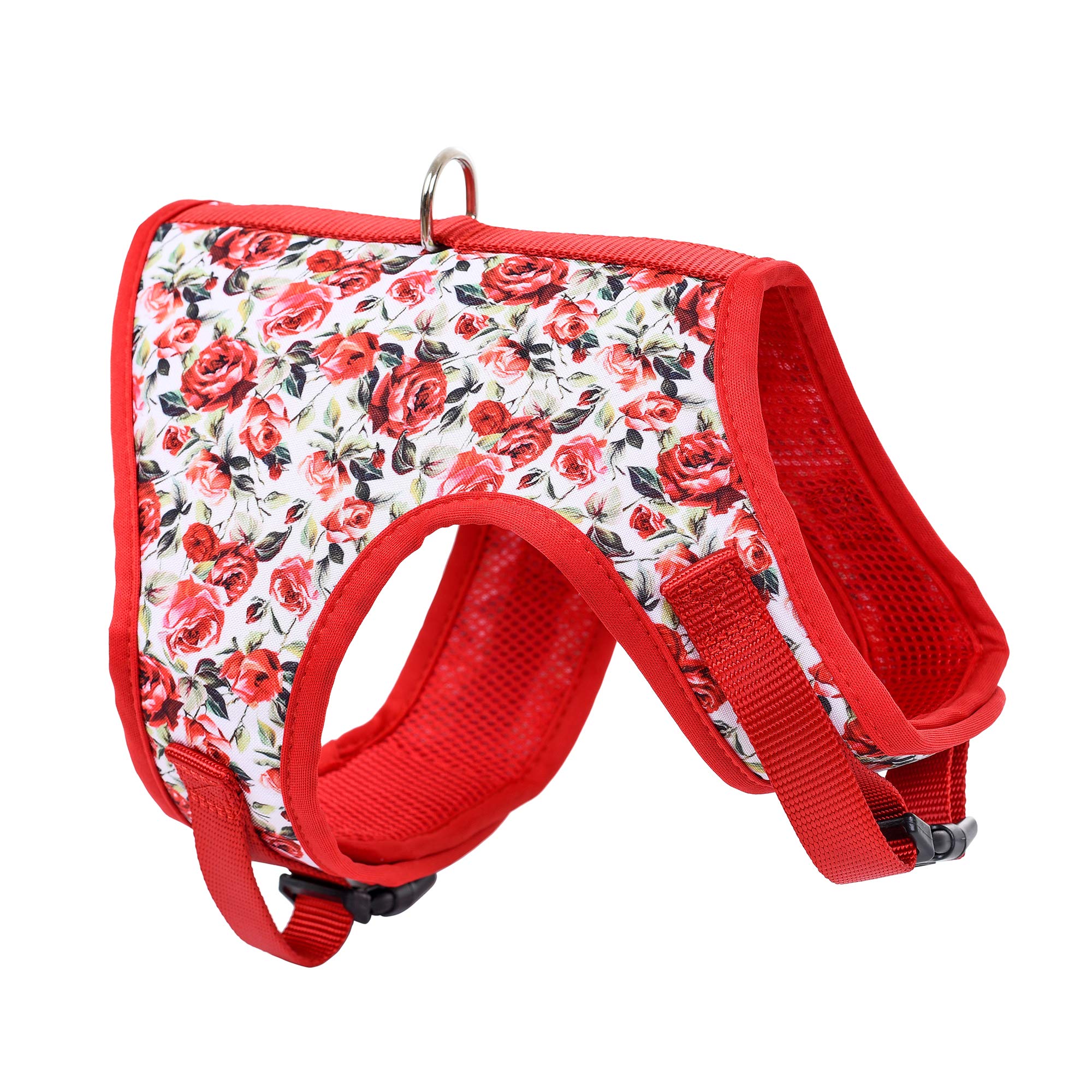 Mile High Life | Easy Get on Air Mesh Vest Harness | Spring Floral Collection | Adjustable Easy Closures both Neck and Chest |20 lbs Small Dogs & Cats | Red Rose | M Chest Size (18"-20")