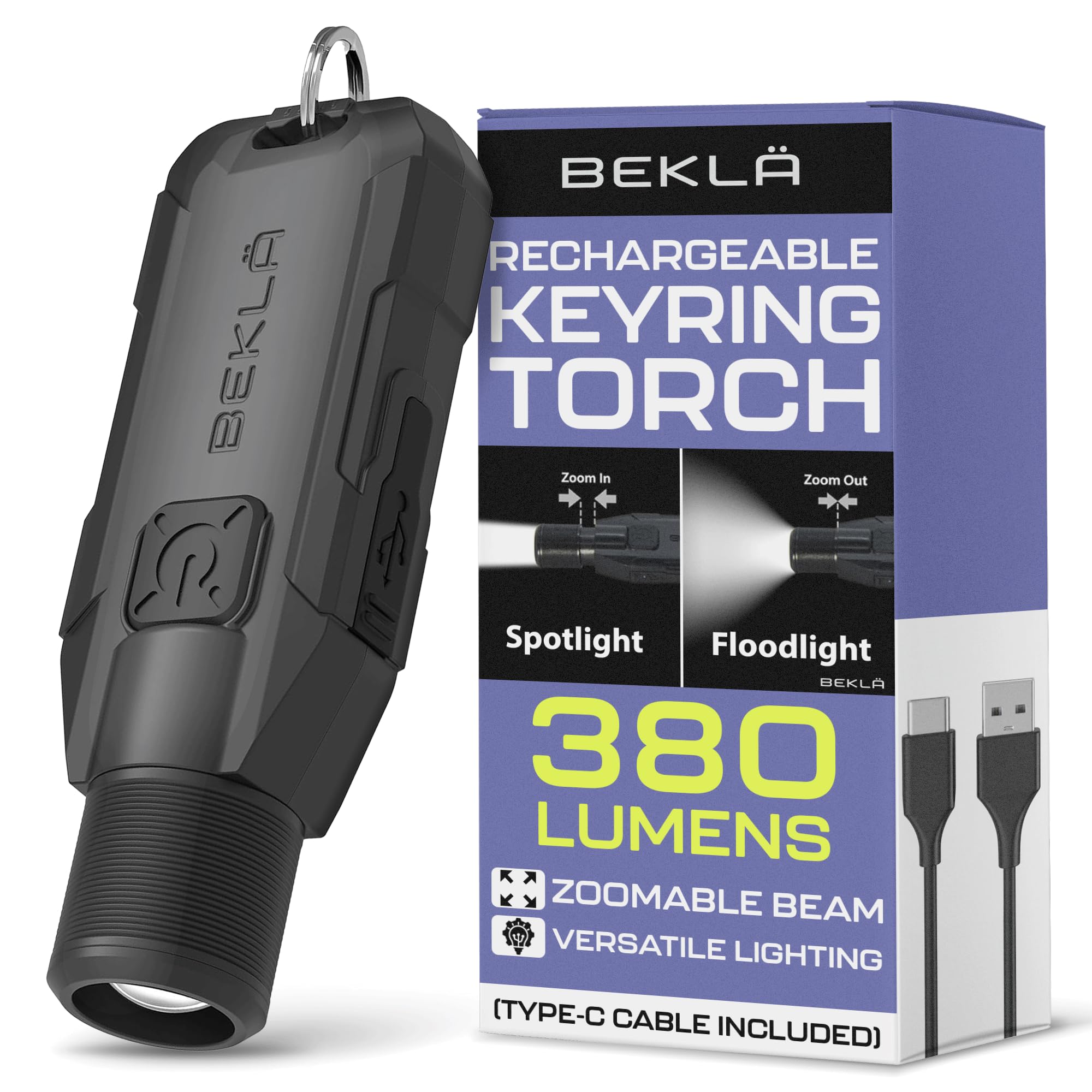BEKLA Keyring Torch Zoomable - 380 Lumen LED Small Flashlight, Rechargeable, EDC Mini Light, Bright Pocket USB.