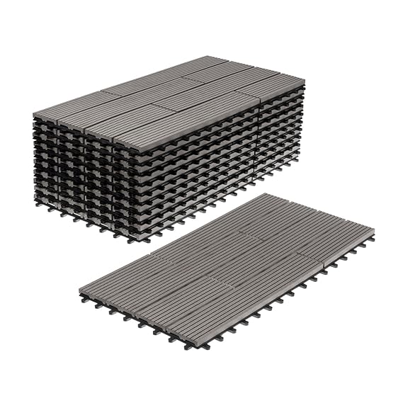 WPC Terrassenfliesen 11 Stück / 2 qm Bodenfliesen Terrassenbelag Klickfliese (30x60 cm versetzt, grau)