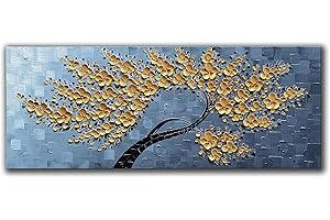 JELRINR 3D Contemporary Art Oil Painting On Canvas Texture Palette Knife Golden Flower Tree paintings Canvas Wall Abstract Artwork Modern Home living Room Decor Framed Ready to Hang 24x60inch