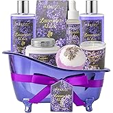 Birthday Gifts for Women, Luxury Home Spa Kit, 8pcs Lavender & Lilac Bath Gift Set, Gift Baskets for Women Unique with Bath Bombs, Sea Salt, Scented Candle, Body Lotion