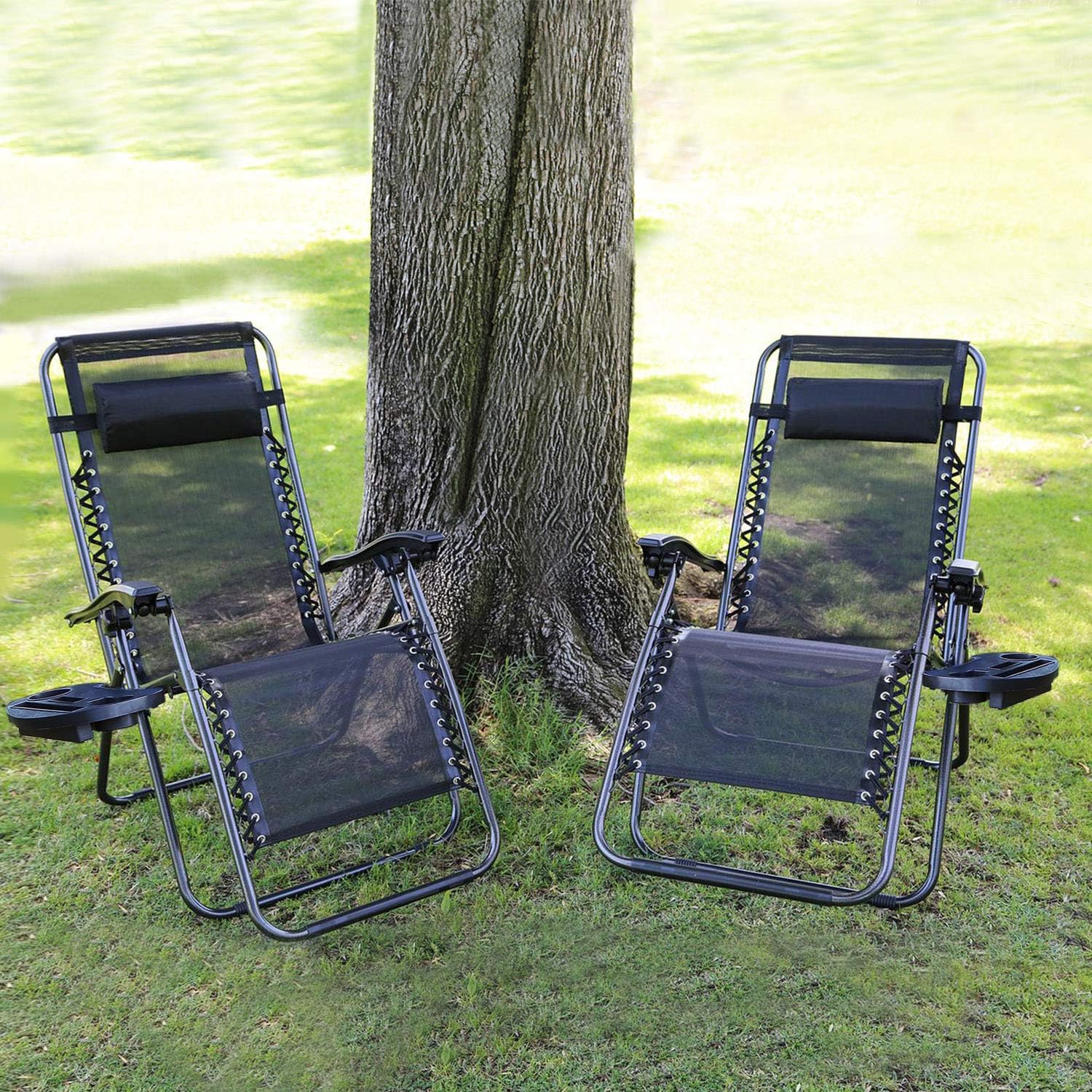 iMounTEK Set of 2 Adjustable Zero-Gravity Reclining Outdoor Lounge Chairs with Pillows & Cup Holder Side Tray, Supports 330lbs, for Patio, Porch, Deck, Poolside, Beach, Lawn, Yard (Black, Blue, Tan): Kitchen & Dining