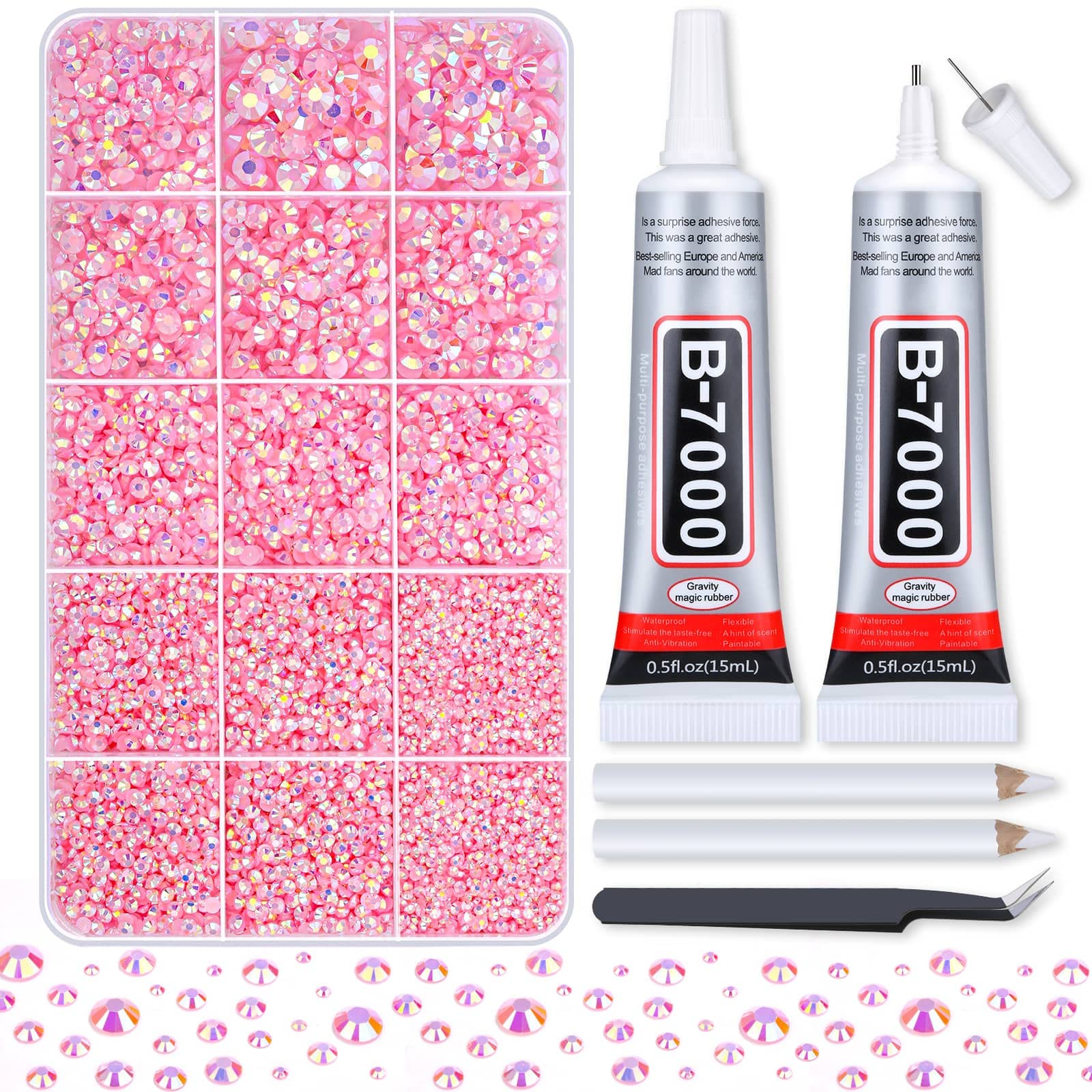 Photo 1 of 14000Pcs Flatback Pink Rhinestones with B7000 Adhesive Glue, Non Hotfix AB Color Jelly Resin Rhinestones Gems with Tweezer & Picker Pens for Shoes, Tumblers, Clothes Decoration