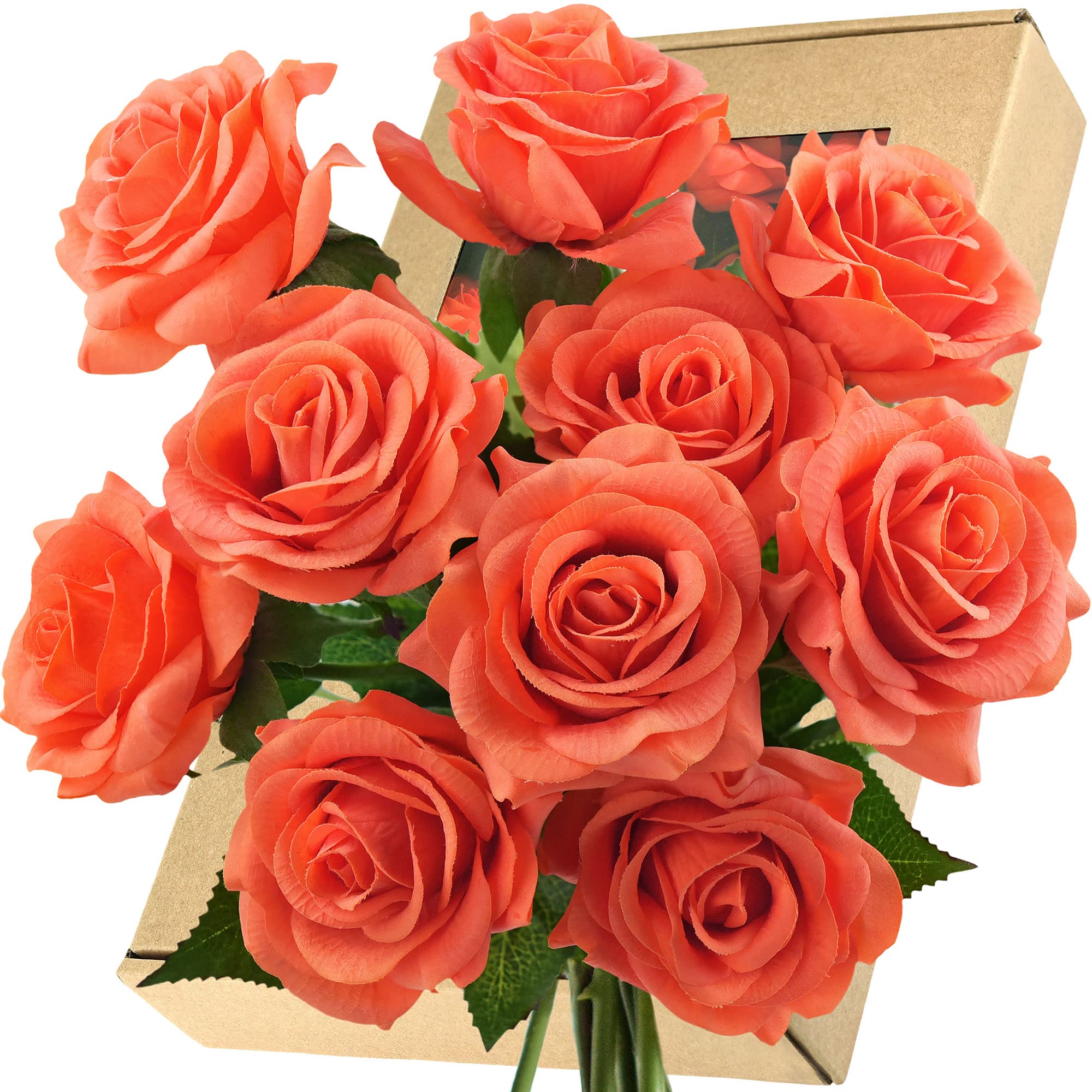 FiveSeasonStuff 12 Stems Real Touch Roses Artificial Flower Silk Roses ‘Petals Feel and Look like Fresh Roses' Bouquet of Flowers Floral Arrangements (Coral Orange)