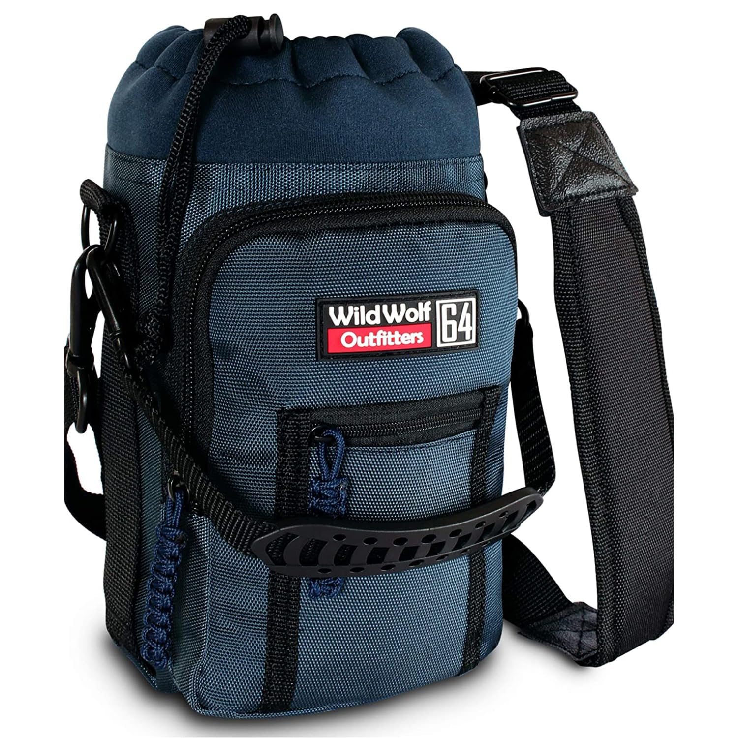 Wild Wolf Outfitters Water Bottle Carrier Holder with Adjustable Strap and 2 Pockets for Hands-Free Walking and Hiking | Navy, 1.9 L