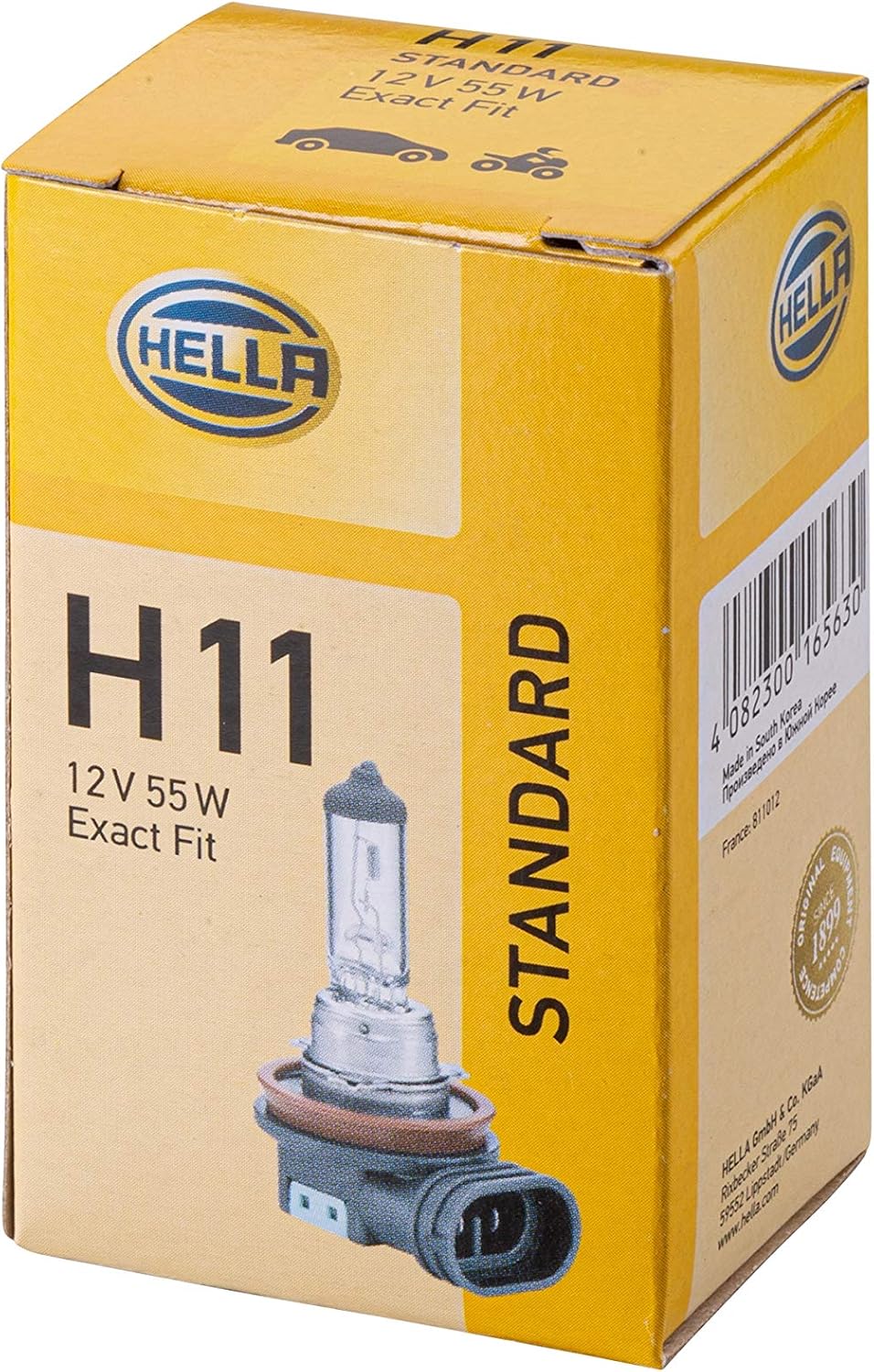 HELLA 8GH 008 358-121 Bulb - H11 - Standard - 12V - 55W - Socket Type: PGJ19-2 - Box - Quantity: 1, Cardboard