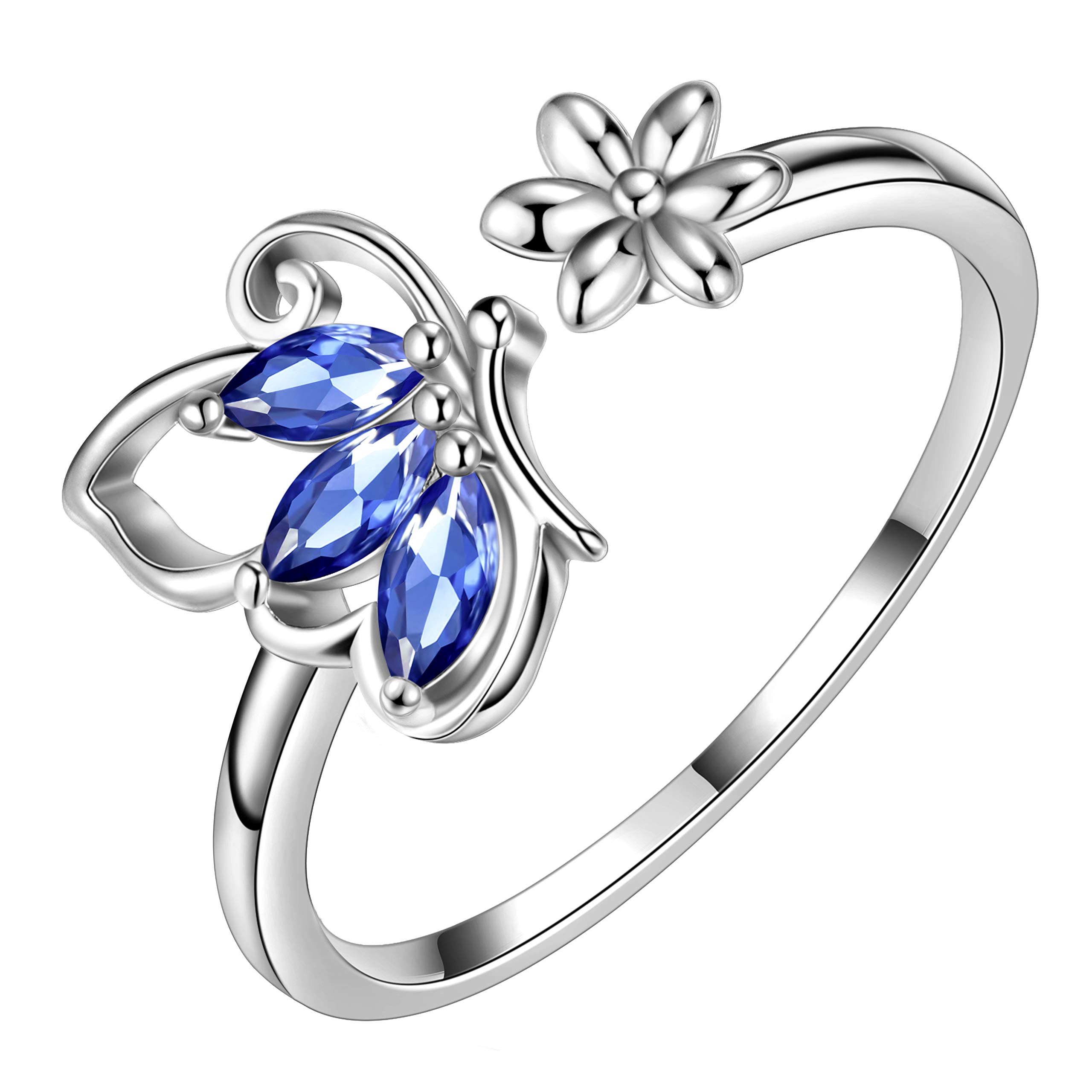 Aurora Tears Butterfly Adjustable Rings 925 Sterling Sliver June Birthstone Blue Alexandrite Opening Ring Animals Jewelry Gift for Women and Girls DP0077U