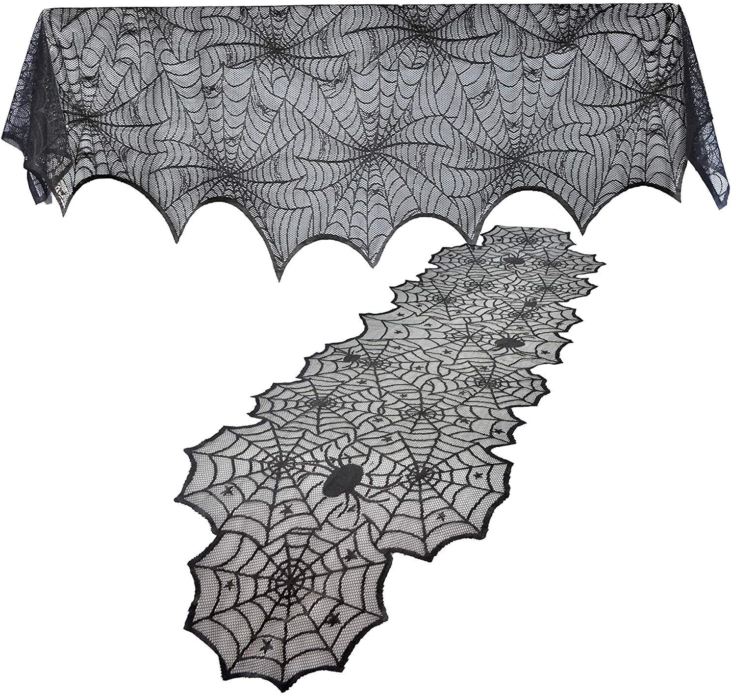 JOYIN 2 Pack Halloween Decoration Black Spiderweb Fireplace Mantle Scarf (36X96 inches) with Black Table Runner Lace Cover (14X80 inches): Kitchen & Dining