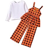 HINTINA Toddler Girl Long Sleeve T-shirt and Plaid Jumpsuit 2 Pieces Set
