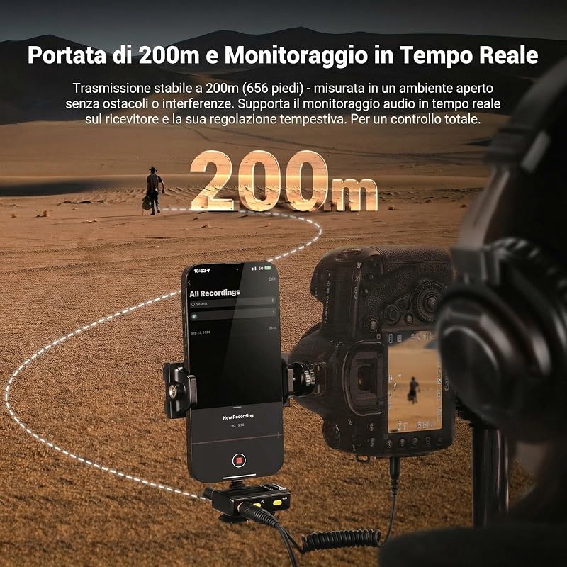 CM28 Microfono Lavalier Wireless con Anti Rumore Smart, Registrazione Non Compressa a 48kHz/16bit per 9h, Portata 200m, Memoria 4GB per iPhone Android Fotocamera,1 RX+ 2 TX + Custodia Ricarica