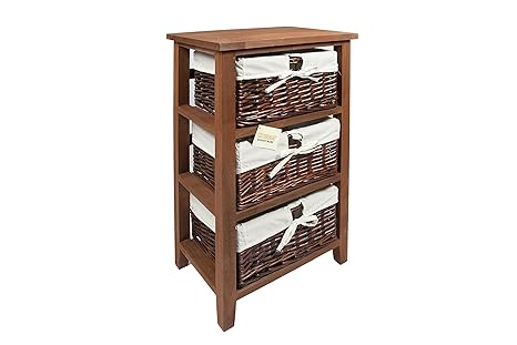 Woodluv 3 Drawer Wooden Storage Cabinet With Wicker Drawers