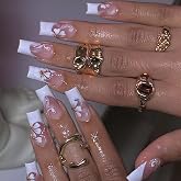 MERVF Press on Nails Long Square White French Tip Fake Nails Glue ons Wedding Acrylic Flower Design Glossy 24pcs