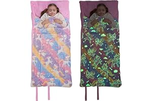 SUCHDECO Sleeping Bag for Kids Padded Toddler Nap Mat 63" x 29" with Glow in The Dark Star Rocket Unicorn Soft Plush Slumber Bag for Toddler, Boys, Girls Sleepover, Daycare, Preschool