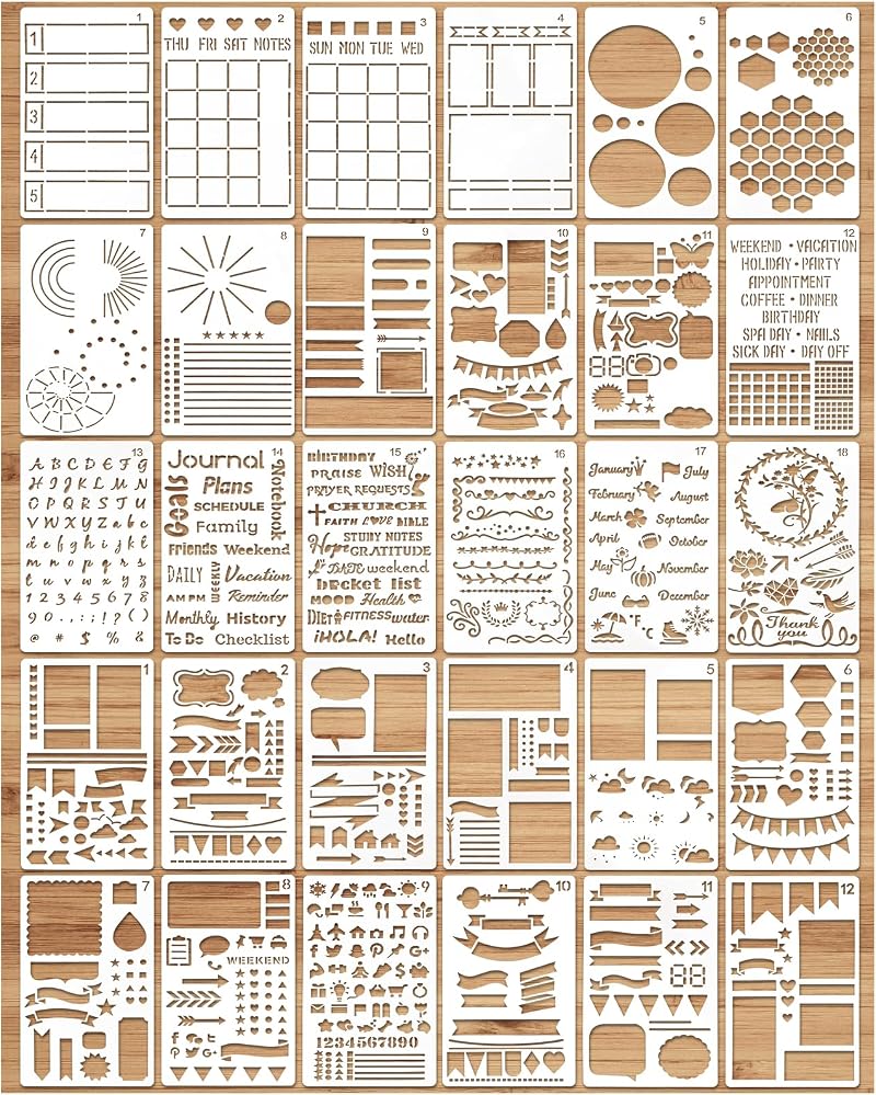MWOOT 30Pcs Mixed Journal Stencils Kit Letters Numbers Shapes Reusable Template