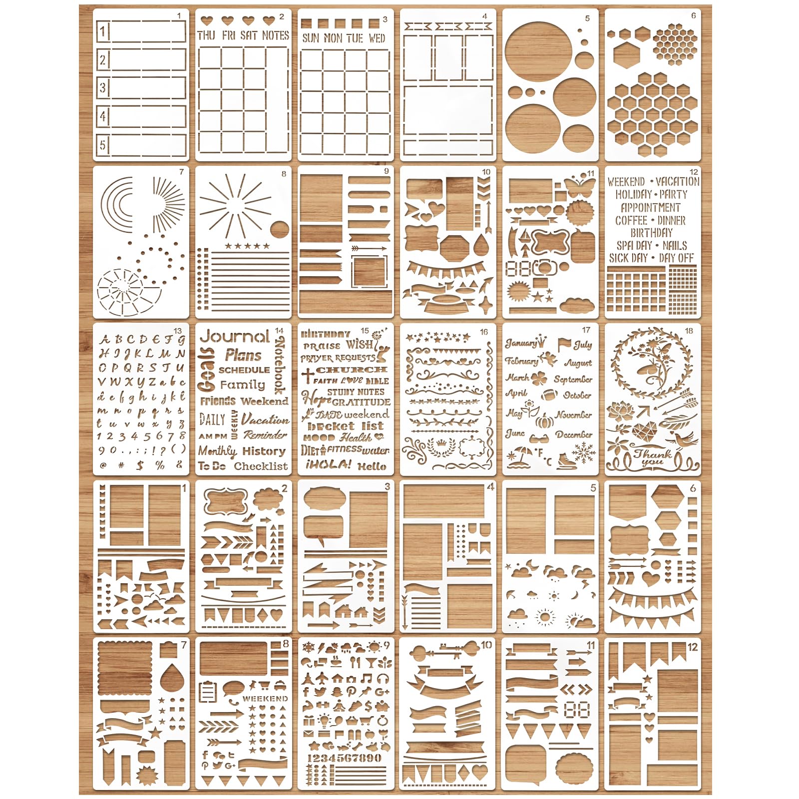 MWOOT 30Pcs Mixed Journal Stencils Kit, Planner Stencil Drawing Painting Template, Reusable Shapes Bullet Diary Journal DIY Supplies for Scrapbook Notebook Card Making Wood Wall Art Decor(17.8x10.2CM)