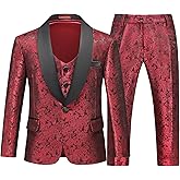 Lamgool Boys Suit 3 Pieces Slim Fit Tuxedo Formal Set with Floral Jacquard Jacket Pant Vest for Wedding Prom Party Size 4-16Y
