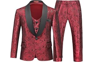 Lamgool Boys Suit 3 Pieces Slim Fit Tuxedo Formal Set with Floral Jacquard Jacket Pant Vest for Wedding Prom Party Size 4-16Y