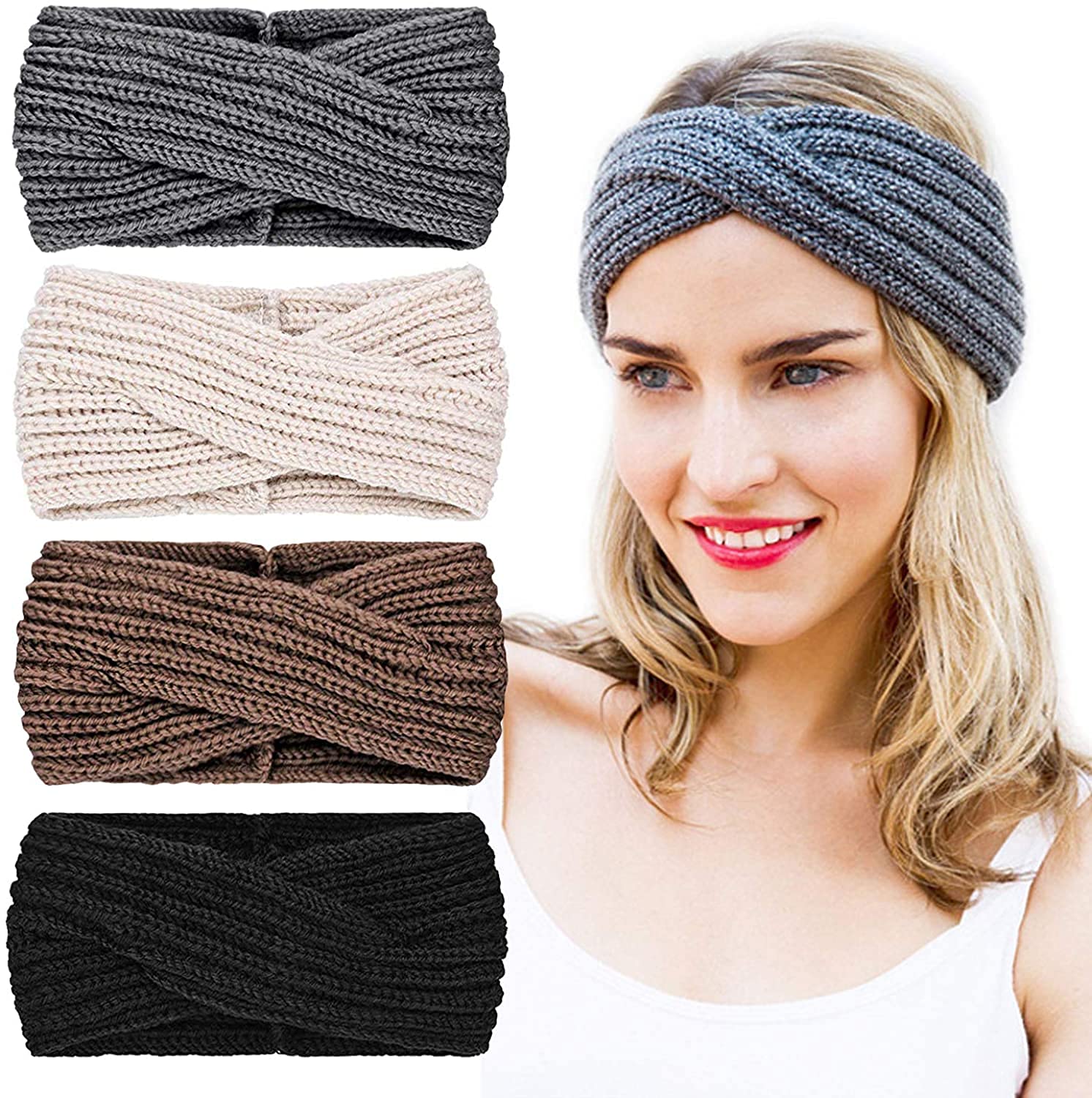 DRESHOW 4 Pack Womens Winter Ear Warmer Headband - Crochet Knit Turban Headband Chunky Cable Knit Headwrap โ image 1