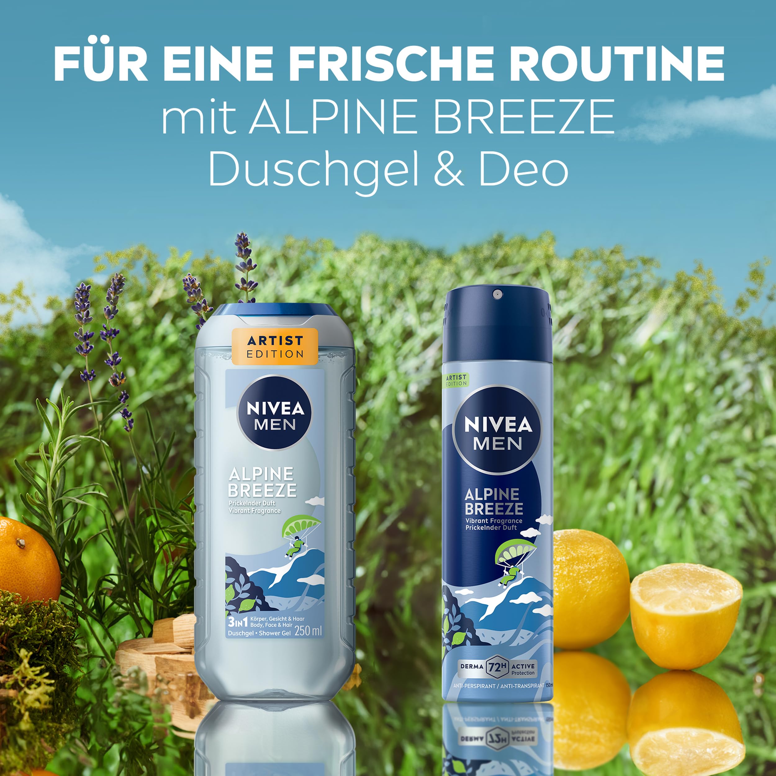 NIVEA MEN Alpine Breeze Artist Edition Duschgel, revitalisierende Pflegedusche mit prickelndem und lebendigem Duft, 3in1 Duschgel für Körper, Gesicht und Haare (250 ml) 6