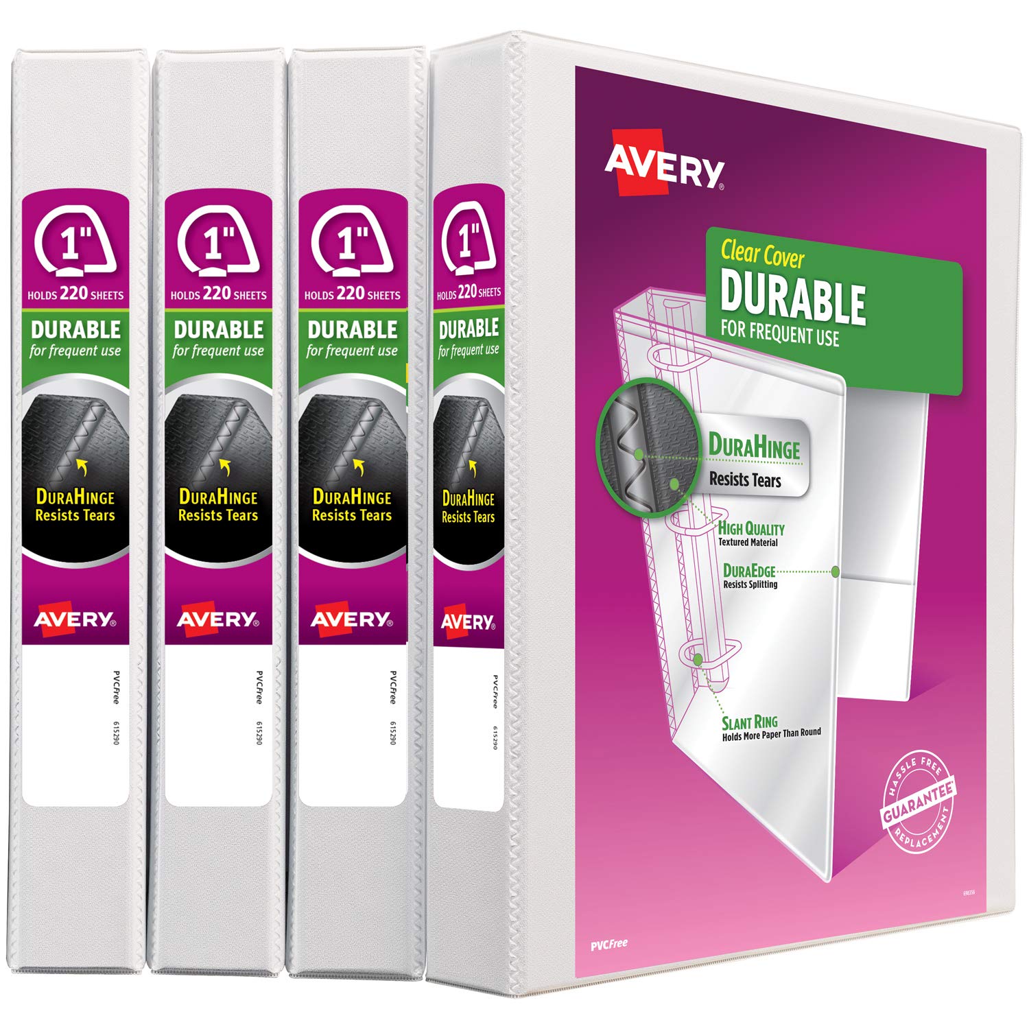 Avery Durable View Binder, 1" Slant Rings, 220-Sheet Capacity, DuraHinge, White, Multi Pack of 4 (17012)