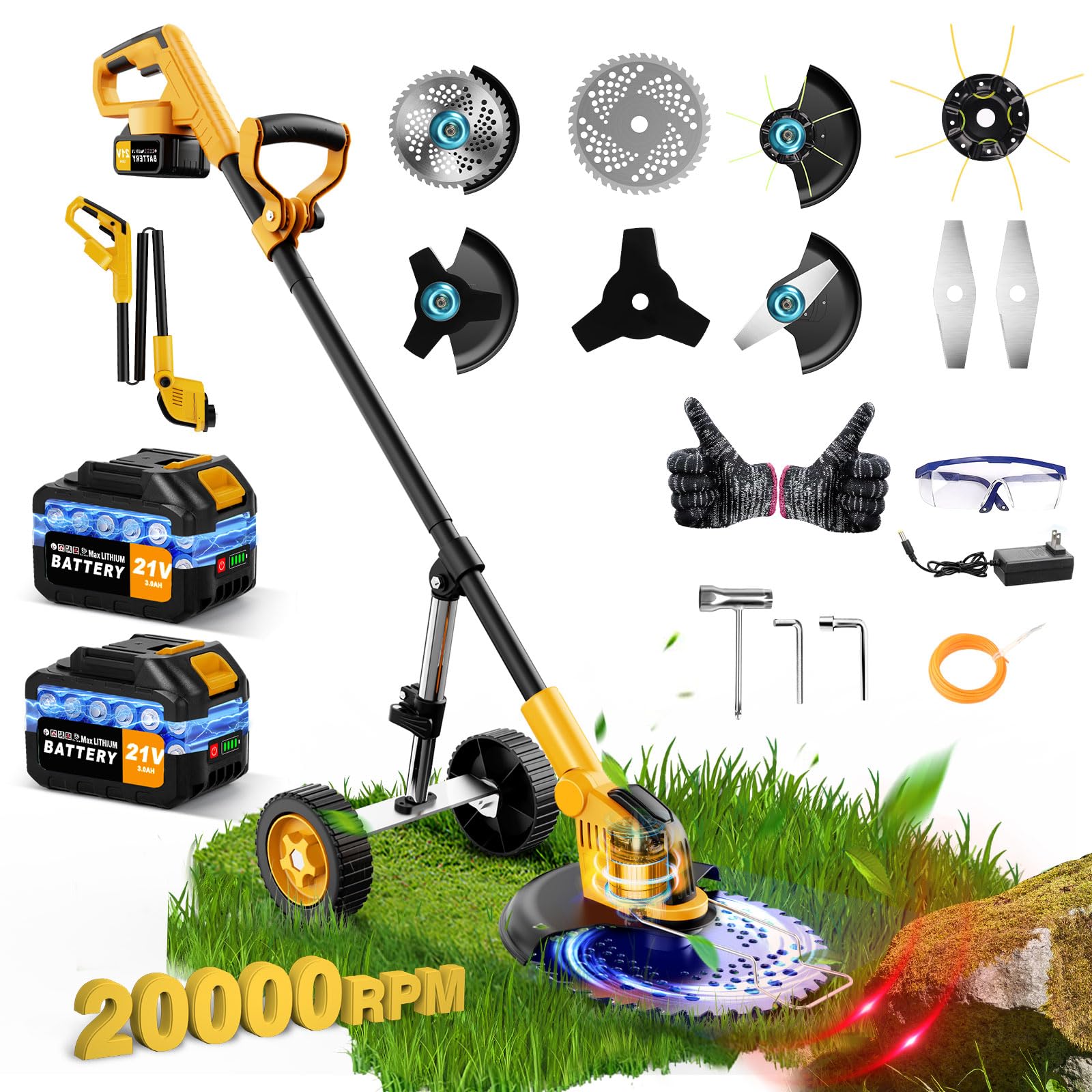 Photo 1 of 20000 RPM Heavy Duty Weed Wacker Cordless, Battery Powered Weed Eater Brush Cutter, 3-in-1 Grass Trimmer Stringless Weed Trimmer/Lawn Mower Edger W/Wheel Metal Blade, 2 Battery Garden Yard Tool