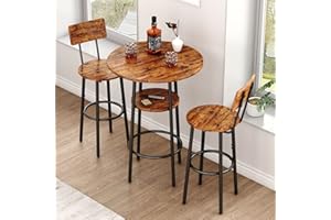 GNIXUU 3 Piece Pub Table Set, 2-Tier Small Round bar Bistro Table and 2 Bar Stools with Backrest Bar Height Table and Chair Dining Set for Kitchen Nook, Apartment, Small Space (3, 24Inch)