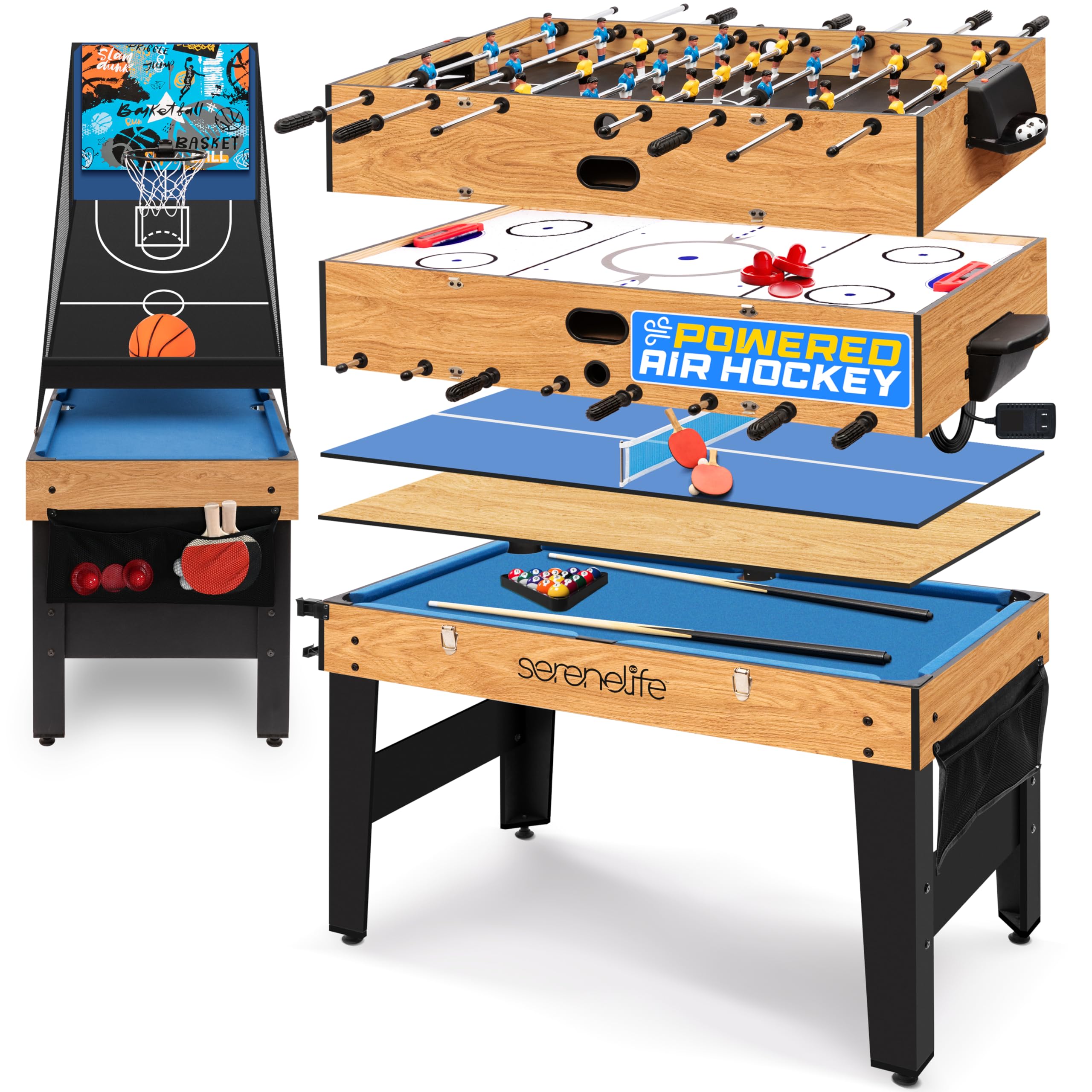 Photo 1 of *POSSIBLE PARTS ONLY*
SereneLife 48" 6-in-1 Multi-Game Electric Air Hockey, Foosball Soccer, Pool, Ping Pong, Basketball, Table Tennis Ping Pong, Full-Size Game Table, Endless Family Fun - All Accessories Included