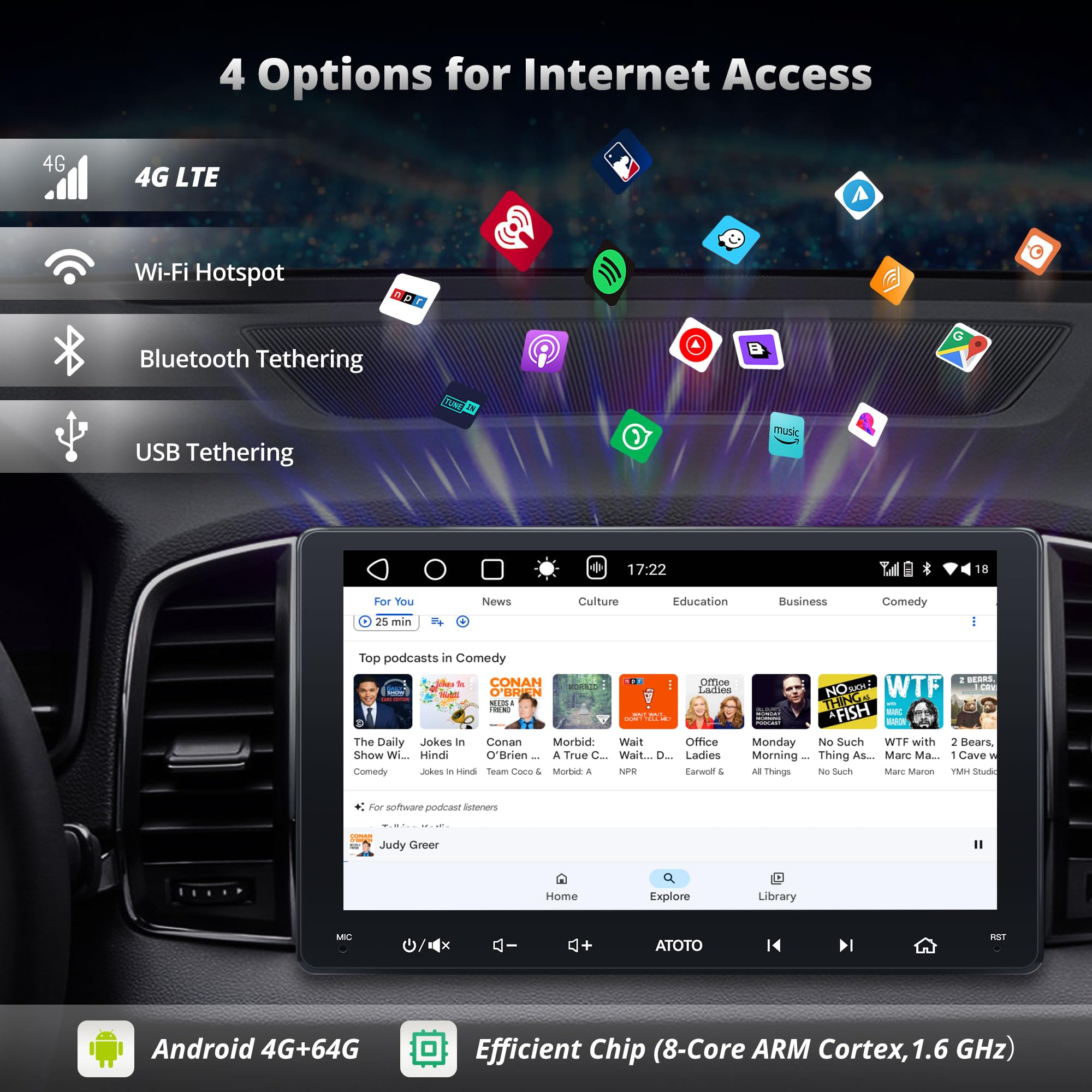 A6PF Plus 8-Core 4G+64G 9inch Android Double DIN Car Stereo, 4G LTE, WiFi/BT/USB, Wireless CarPlay & Android Auto QLED Touch Screen, Dual Bluetooth, 36-Band EQ DSP, AI Chat&GPS Tracking