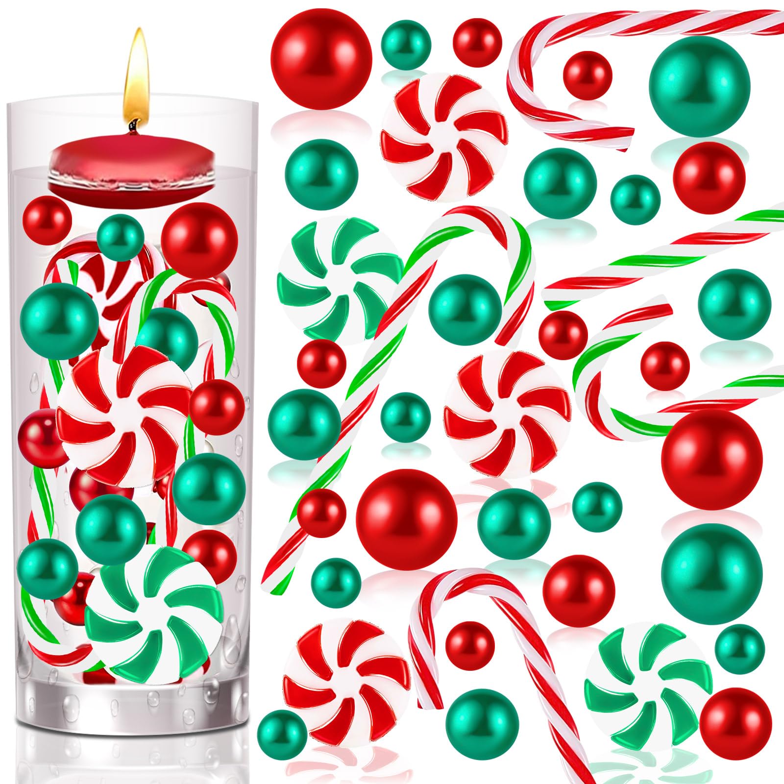 120 Pcs Christmas Vase Filler, Green Red Fake Candy Cane Beads Pearls for Vases for Table Decorations Centerpieces