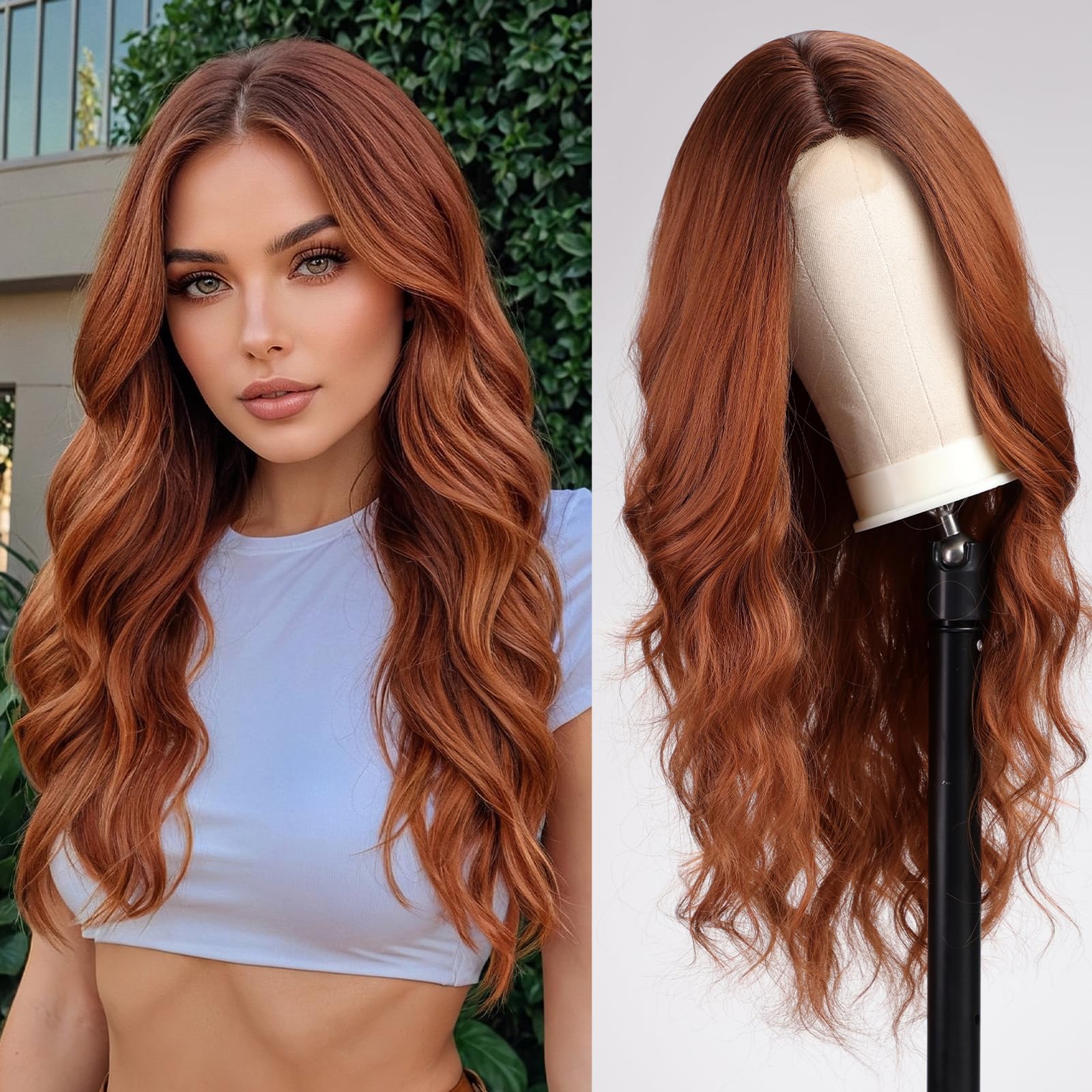 WOKESTAR Long Auburn Wavy Wigs for Women, Curly Wig with Middle Parting Heat Resistant Fiber Wig for Daily Use