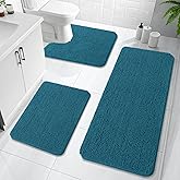 OLANLY Bathroom Rugs Sets 3 Piece, Soft Absorbent Chenille Bath Mats and U-Shaped Contour Toilet Rug, Quick Dry, Home Decor Accessories, Bath Mat Set for Floor (47"x20"+24"x16"+24"x20", Peacock Blue)