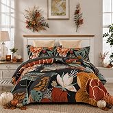 Tyrot 3 Piece Black Boho Floral Butterfly King Quilt Bedding Sets | Vintage Fall Bedspread, Reversible Solid Back, Lightweight All-Season Bedding Set, Soft Microfiber, 2 Shams, 106
