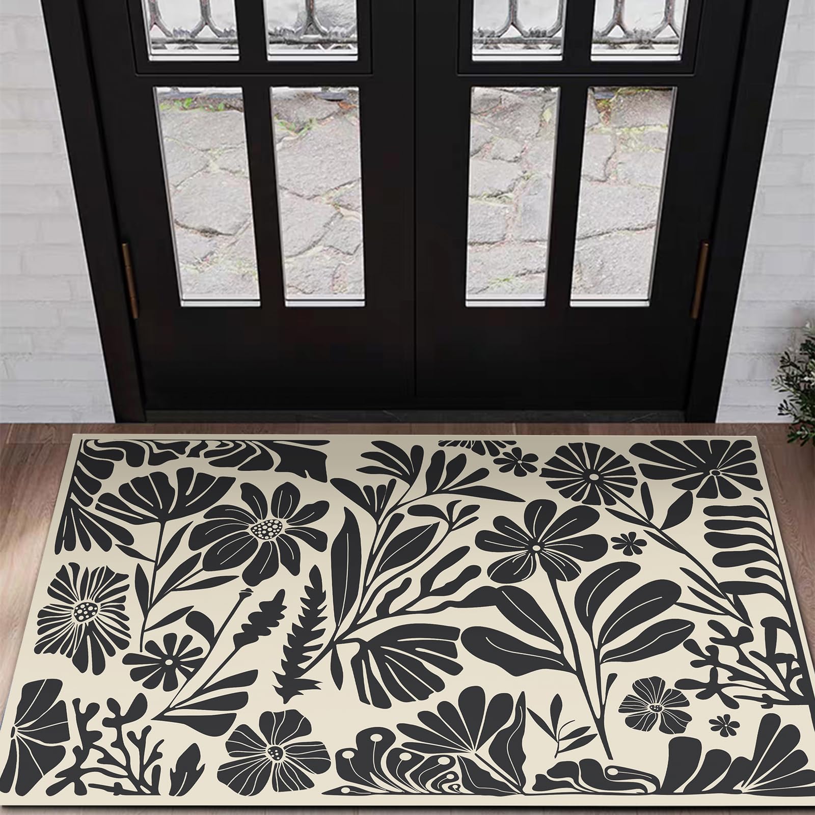 Photo 1 of RoomTalks Black Floral Botanical Bathroom Rugs Non Slip 2x3 Small Rug, Vintage Boho Abstract Matisse Flower Area Rug Washable Throw Rugs for Entryway Indoor Kitchen Funky Aesthetic Bedroom Accent Rug