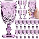 Wiwiqing 18 Pack Plastic Goblets 10oz Upgrade Vintage Water Goblet Plastic Wine Glasses Colored Retro Embossed Glassware for Party Wine Bar Juice Baby Shower Wedding Reception Grand (Purple)