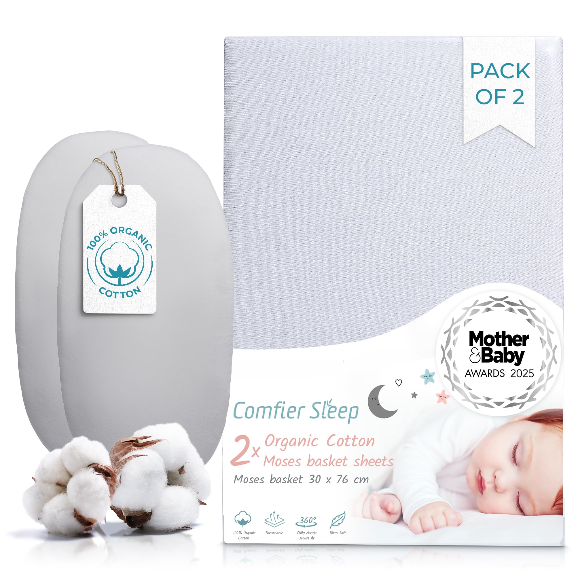 Grey Moses Basket Sheets 2 Pack – 100% Organic Cotton Pram Sheets Fitted 30x76cm – Soft Breathable Bedding for Newborns