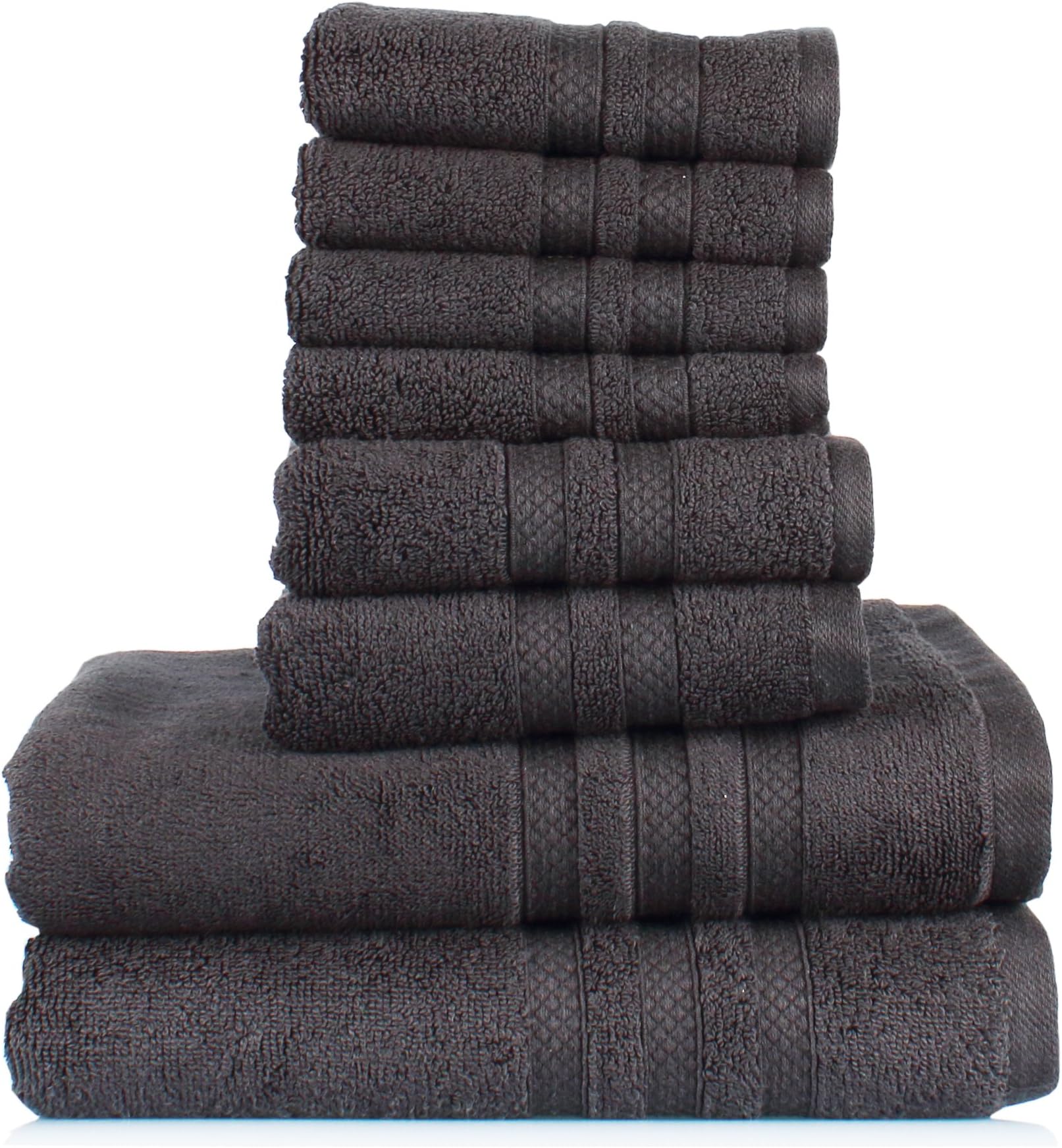 Feather Touch 8 Piece Towel Set (Black); 2 Bath Towels, 2 Hand Towels and 4 Wash Towels - Cotton - Machine Washable, Hotel Quality, Super Soft and Highly Absorbent