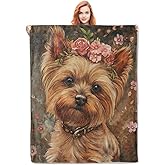 Yorkshire Terrier Dog Blanket Gifts for Women Girls Soft Warm Lightweight Cozy Plush Cute Animal Floral Dog Throw Blankets for Bedroom Living Room Sofa Home Decor 60"x50"