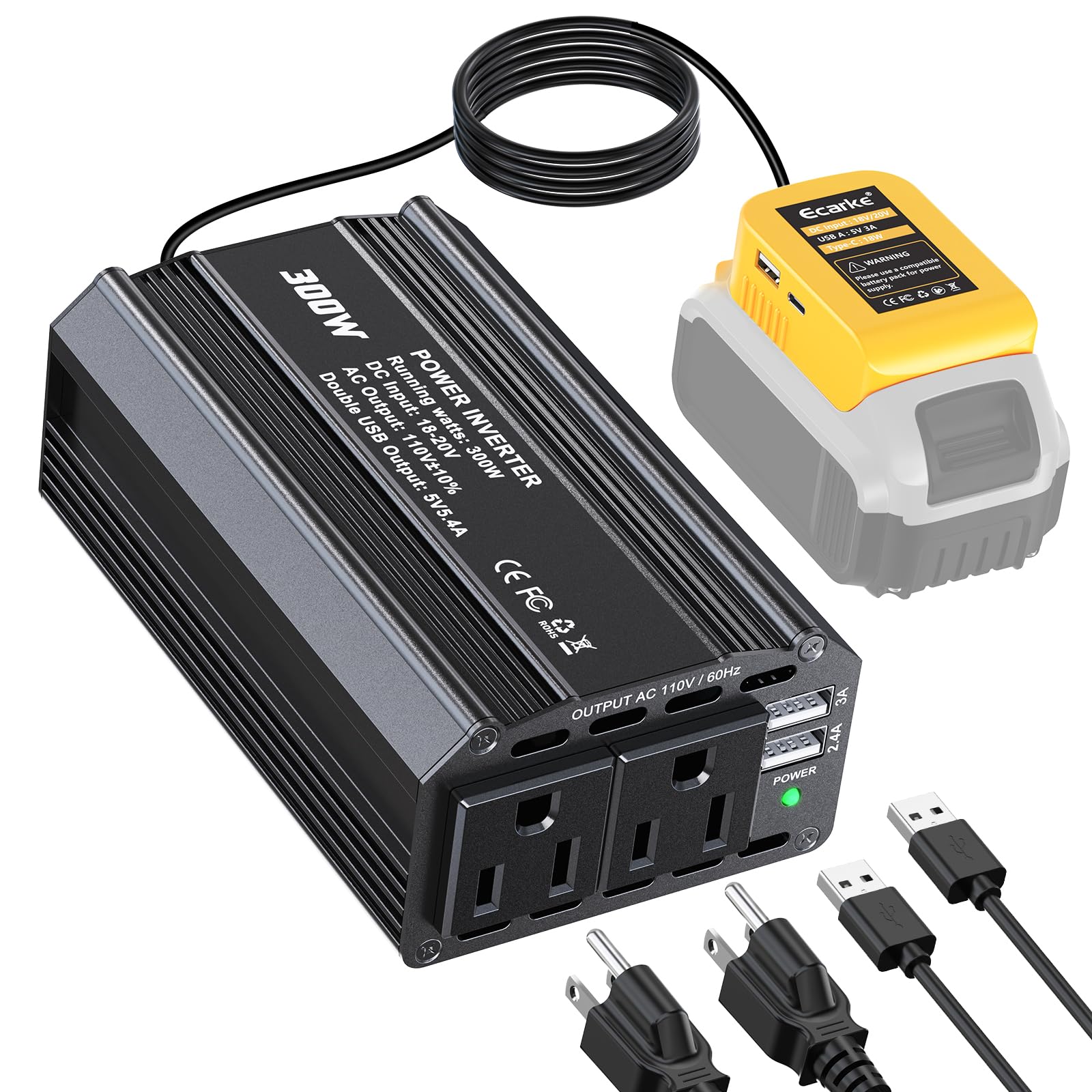 Photo 1 of 300W Portable Power Inverter Compatible with DeWALT 20V Battery –Ecarke Outdoor Battery Converter with 3USB&Type C&AC Outlets, Converting DC 20V to AC 110V, for Camping RV Emergency Power