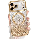 Bonoma Compatible with iPhone 17 Pro Case 2025 Support for MagSafe, Plating Heart Glitter Magnetic Checkered Case TPU Camera Protection Back Cover for Girls Women -Gold